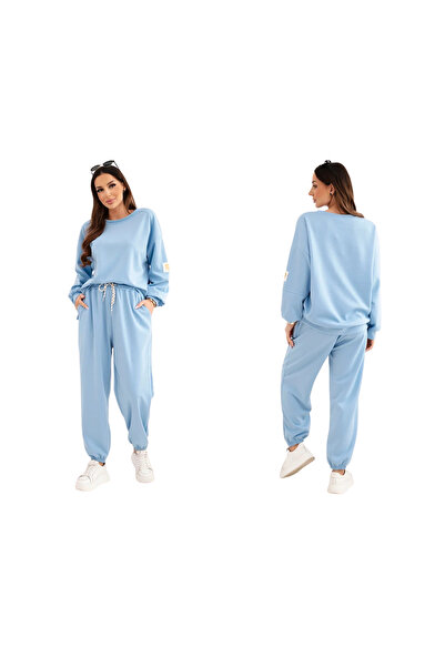 Kesi Set albastru pentru femei, format din bluză și pantaloni cu inscripția LOVE