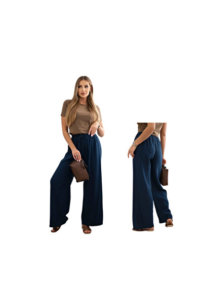 Kesi Pantaloni largi din MUSELINĂ bleumarin pentru femei