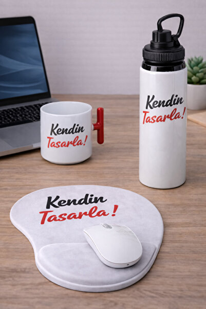 cekud tasarım baskı Kişiye Özel Ofis Seti – 800 ml Su Matarası + Ergonomik Mo...