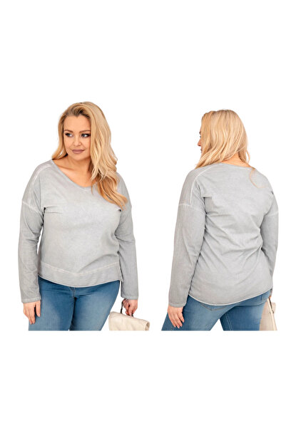 Kesi Bluză gri pentru femei, mărime mare, cu mânecă lungă, model uzat