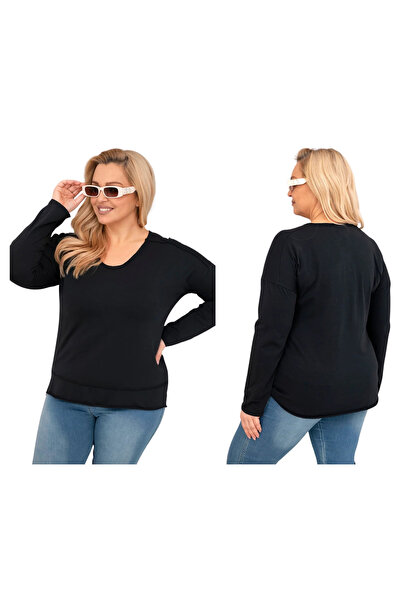 Kesi Bluză neagră pentru femei, mărime plus, cu mânecă lungă, model uzat