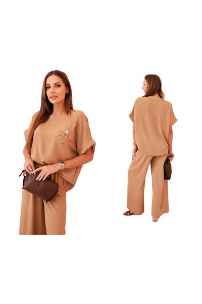 Kesi Set de damă din viscoză camel cu aplicații florale și pantaloni lejeri