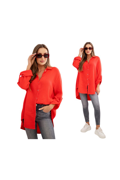 Kesi Cămașă roșie de damă din bumbac, din muselină, mărime mare