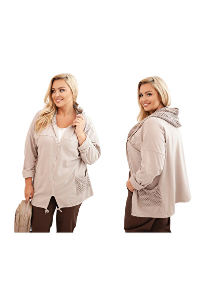 Kesi Hanorac bej cu glugă și fermoar pentru femei, mărime PLUS