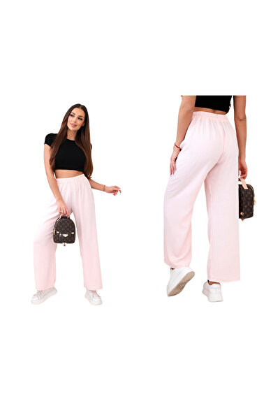 Kesi Pantaloni de damă din viscoză roz pudrat deschis, cu croi larg, talie el...