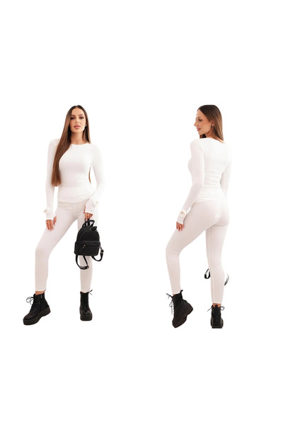 Kesi Set bluză și colanți din viscoză striată ecru pentru femei