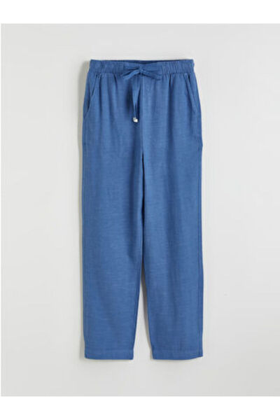 LC Waikiki M1 Season Blue Linen Mixed Women's Trousers with Elastic Waist