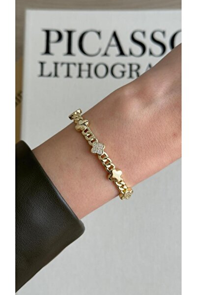 İREM YILDIZ 316L VİP Çelik 14K Gold Minimal Zirkon Taşlı Kelepçe Bileklik- Şı...