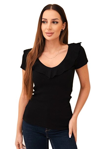 Kesi Women's ribbed blouse with ruffle at the neckline, black