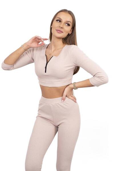 Kesi Set top scurt cu nervuri bej deschis