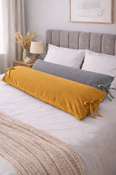 AREN HOME BABY Bağcıklı Uzun Yastık Kılıfı 50X150 2 Adet, 2 Renk Gri-Hardal S...