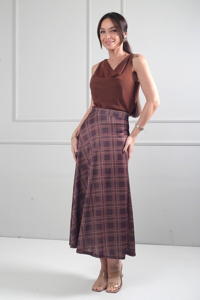 By Saygı Fusta lungă din satin Lycra cu talie elastică pentru femei în carour...