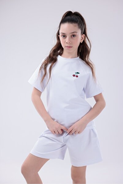 EYLÜL ELİF BUTİK Girl's White Cherry Printed Shorts Set