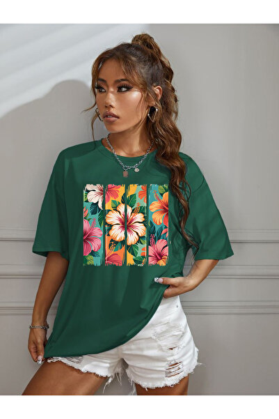 SUNFREE PREMIUM ÇİÇEK B cu imprimeu O supradimensionat B guler rotund Tricou ...