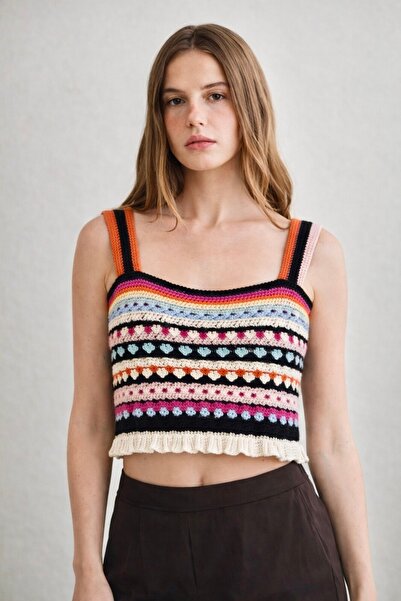 TOFAN TRİKO Bohem Hand Knitted Look Tricot C Cropped Bluz