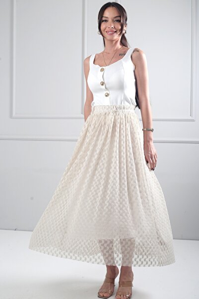 By Saygı Women's Elastic Waist Lined Floral Flock Printed Long Skirt