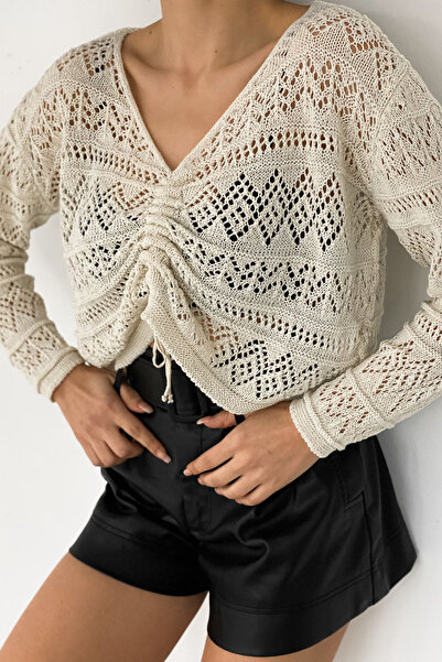 Noa&Noa Knitted Detail Tie-Detail Sweater – Cream Knit