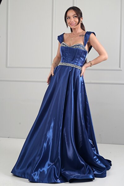 By Saygı Women's Boat Neck Stone Detailed Wired Long Satin Dress