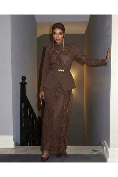 asyadabutik Women's Ruffle Detail Lace Model Skirt Jacket Double Set