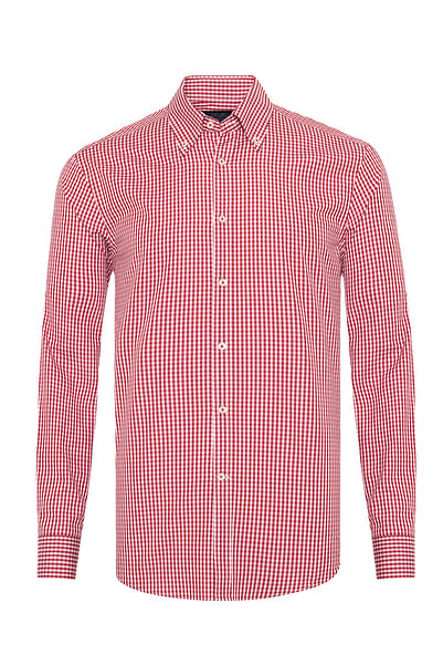 Germirli Testa Kırmızı Pötikare Düğmeli Yaka Tailor Fit Pamuk Exclusive Gömlek
