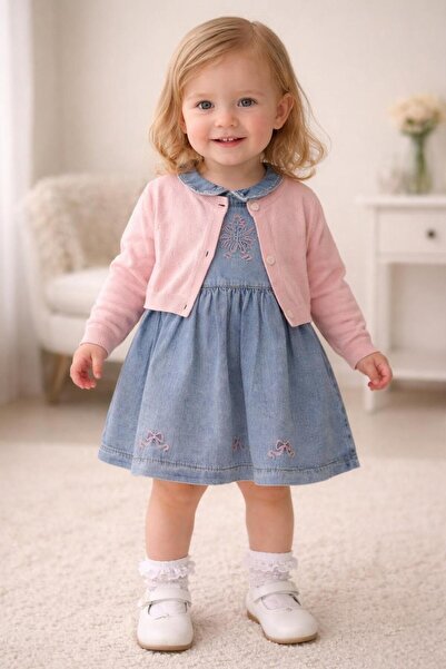 Universal Eid Baby Girl Denim Dress and Cardigan Set