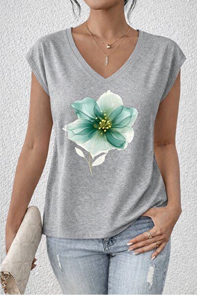 mercoledi Floral Printed Oversize V-Neck T-Shirt Casual Boyfirend