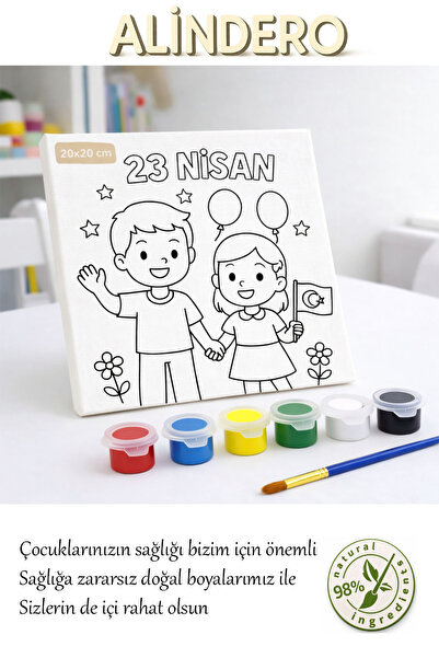 Alindero Çocuk boyama tuval seti 23 NİSAN/2 6 lı akrilik boya + fırça + hazır...