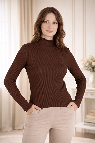 My Life Accessory Women's Corded Fabric Knitwear Sweater Ruffled Collar Detai...