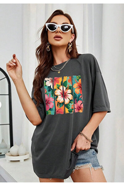 SUNFREE PREMIUM ÇİÇEK B cu imprimeu O supradimensionat B guler rotund Tricou ...