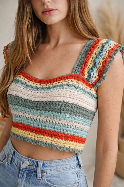 TOFAN TRİKO Bohem Hand Knitted Look Tricot C Cropped Bluz