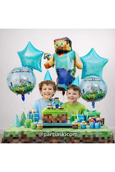 PARTİ AŞKI Steve Minecraft Folyo Balon Seti 5' li & Minecraft Tema Erkek Doğu...
