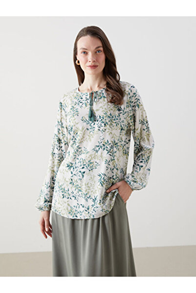 LC Waikiki بلوزة نسائية مزينة بالزهور وياقة روبا مربوطة من UZG STORE