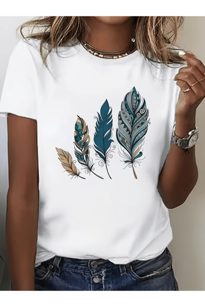 gencerco 4 τεμάχια μπλουζάκια με σχέδιο με στάμπα από φτερά, Premium Oversize