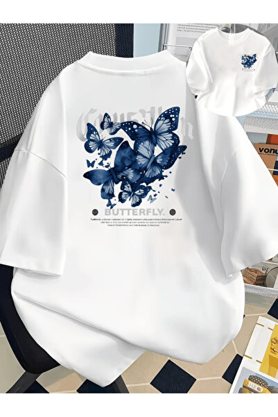 gencerco Μπλουζάκι Premium Oversize με μοτίβο μπλε πεταλούδας και στάμπα διπλ...