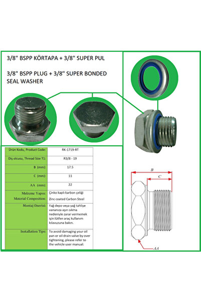 Rekorsan 3/8" BSPP KÖRTAPA+SÜPER PUL, HİDROLİK SİSTEM, MAKINALAR, ARACLAR İCİN