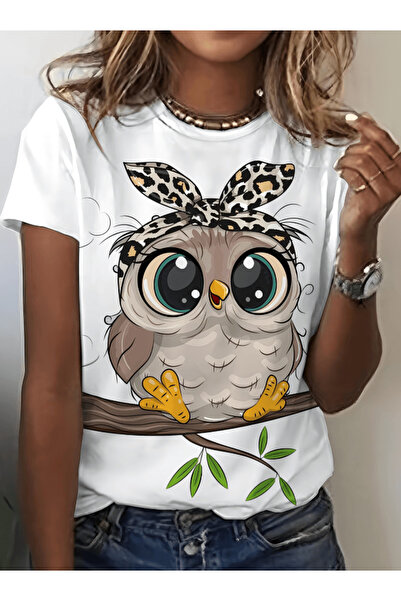 gencerco Χαριτωμένο μπλουζάκι με στάμπα κουκουβάγιας, Premium Oversize