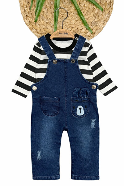 Murat Baby Çizgili Bodyli Ayıcıklı Cep Detaylı Kot Tulum Salopet