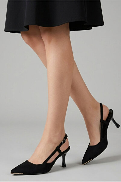 ŞAH حذاء سهرة أسود عالي الجودة مفتوح من الخلف بكعب جلد سويدي 7 سم