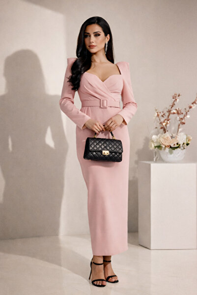 Abad فستان تركي أنيق طويل باللون الوردي