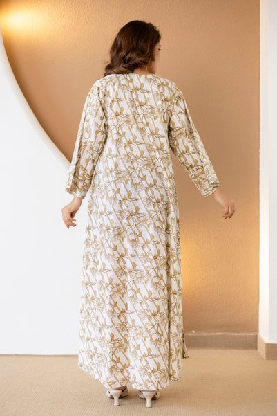 Mabrook Jalabiya 100% Cotton - Ladies A-line Maxi Vintage Floral Embroidered Jalabiya (Cream Beige)
