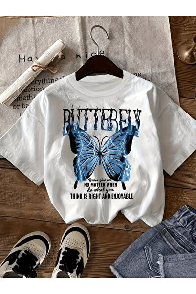 gencerco تي شيرت بلو بترفلاي مطبوع بريميوم كبير الحجم