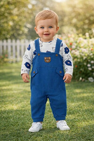 babixkids Unisex Bebek Ayıcık Desenli Salopet Takım – 2 Parça Uzun Kollu Bebe...