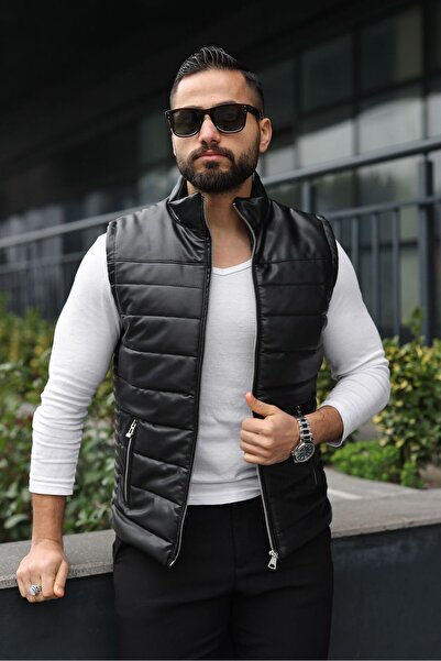 rayyen Yeni Sezon Erkek Siyah Şişme Yelek Fermuarlı Slim Fit Spor Yelek