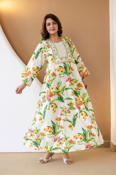 Mabrook Jalabiya 100% Cotton - Ladies A-line Maxi Tropical Floral Printed Emb...