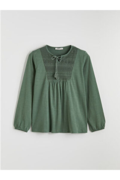 LC Waikiki M1 Sezon Green Tie-Detail Collar Embroidered Blouse