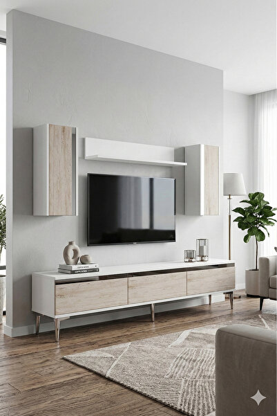 YUMEDİ DESİGN TVR1898BTS - CHERRY TV ÜNİTESİ TAKIMI 180CM BEYAZ-TRAVERTEN-SİLVER