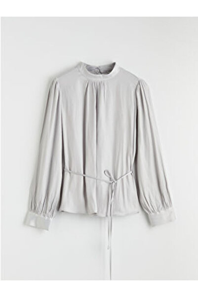 LC Waikiki M1 Sezon Gray Mock Neck Belden Tie-Detail Ruched Blouse