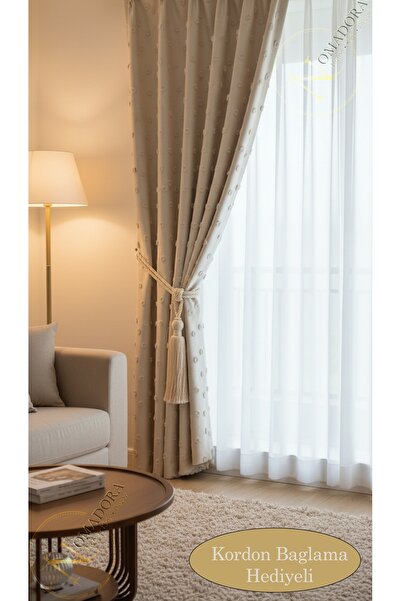 artwork Bej Puf Ponponlu Keten Fon Perde 1/3 Pile Ütü İstemez Modern Salon Pe...