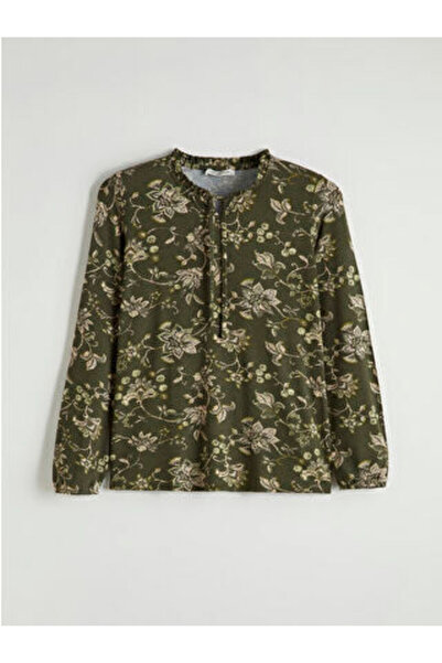 LC Waikiki M1 Season Green Tie-Detail Collar Patterned Blouse