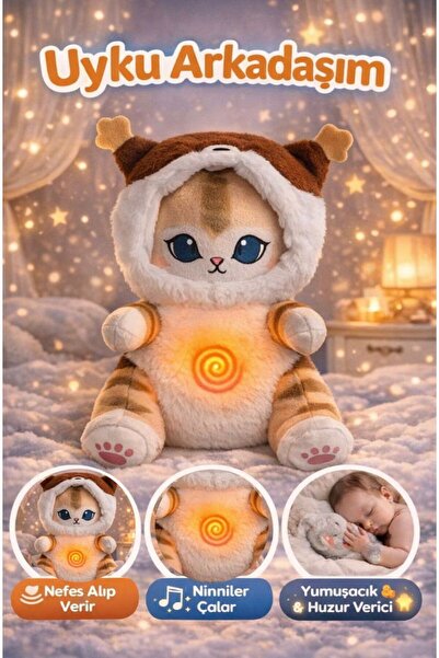 SHAMİRA Nefes alan kostümülü sevimli kedi uyku arkadaşı sesli müzikli ışıklı ...